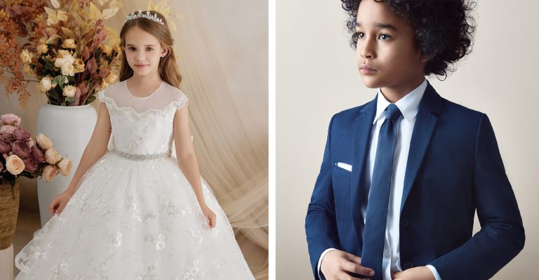 Girl and boy dressed for First Communion